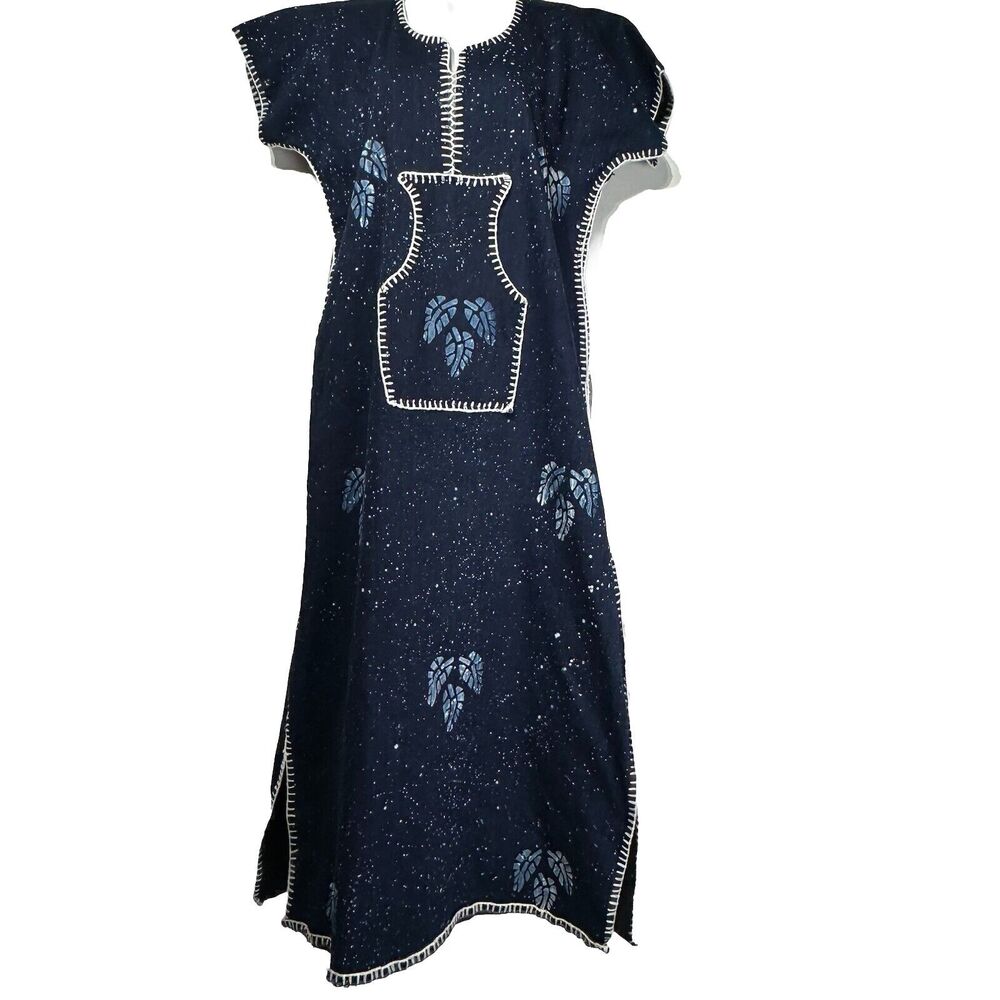 Handmade Navy Blue Thick Bohemian Caftan Embroidered Stitch Leaf Maxi Dress OS